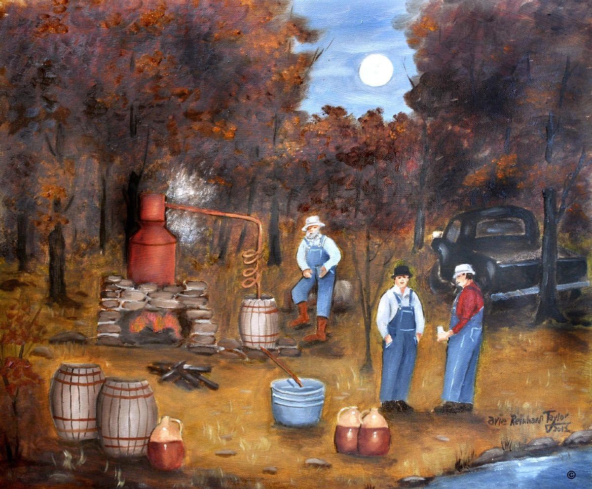 Painting of three men in overalls near a moonlit forest still and barrels.