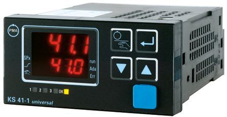 Digital process controller displaying temperature readings with control buttons.